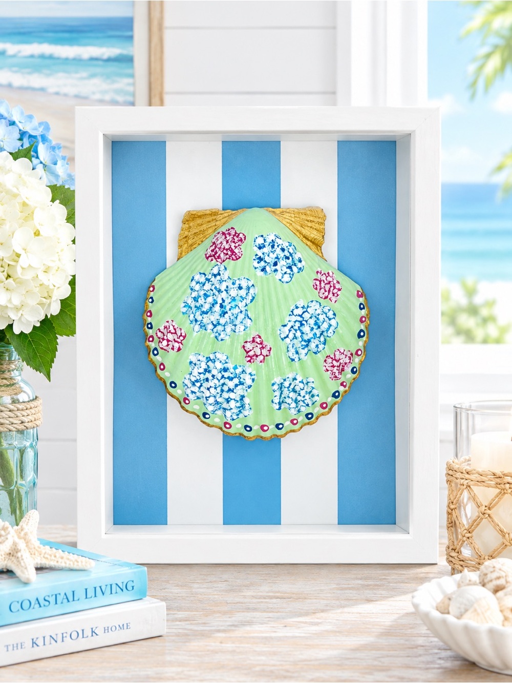 Framed Coastal Shell Wall Art - Mint with Blue & Pink Accents